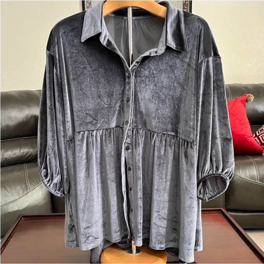 Gray Velvet Button-Up Blouse